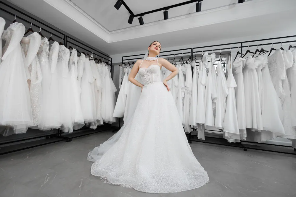 Mireasă probând o rochie de mireasă într-un salon cu mai multe modele expuse